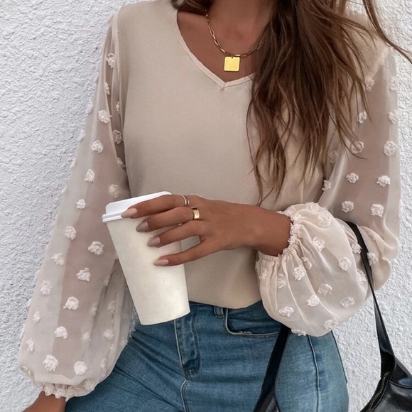 Long sleeve mesh polkadot v neck top tan cream khaki - Picture 3 of 6